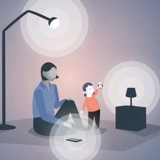 Illustrated parent and child playing in a lamplit room