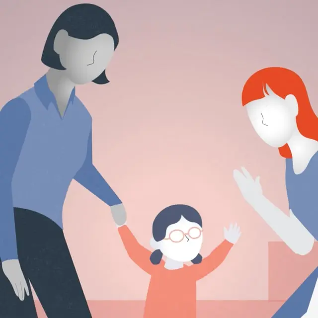 Illustrated child greeting two caregivers