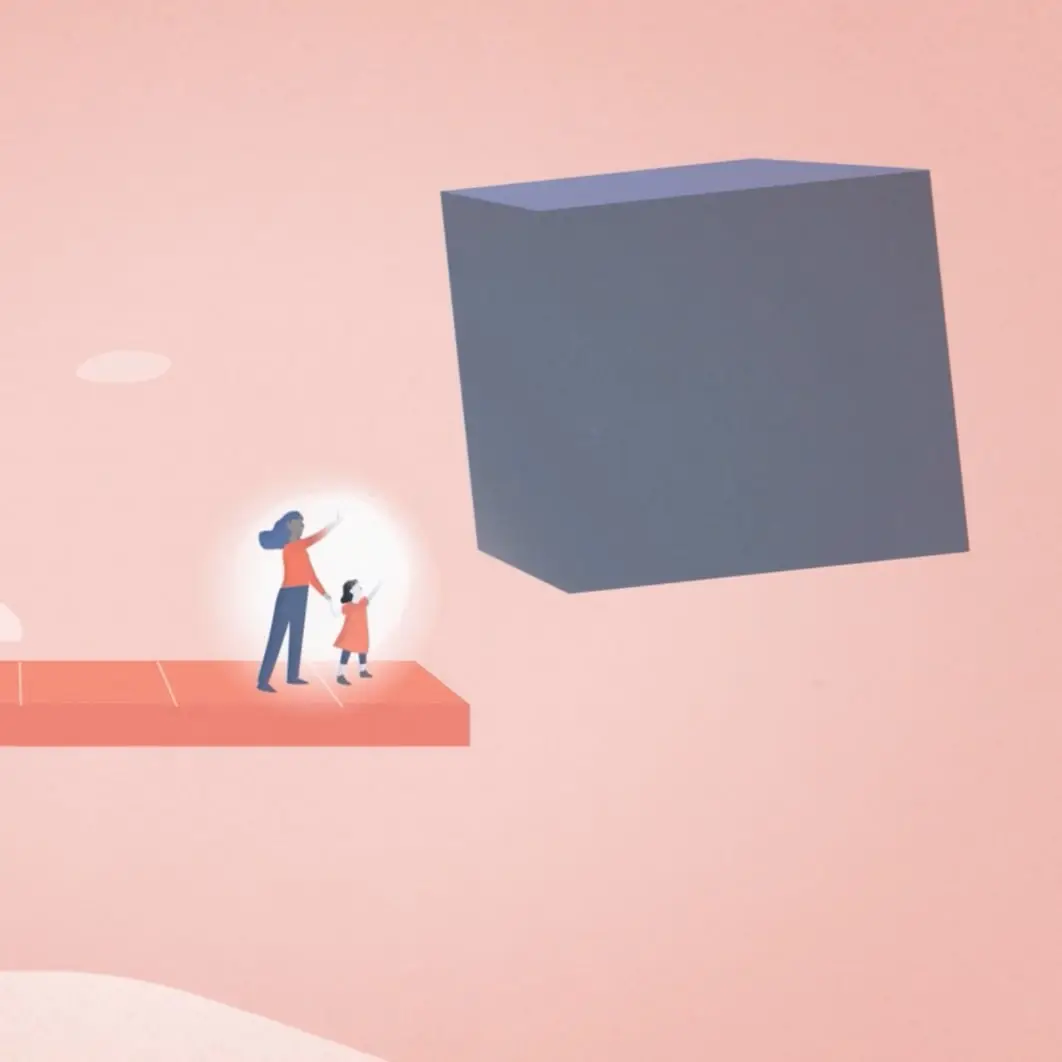 Illustrated parent and child standing beside a large floating cube