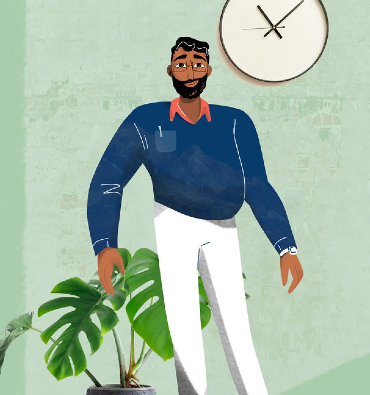 Illustrated office worker standing beside a monstera plant