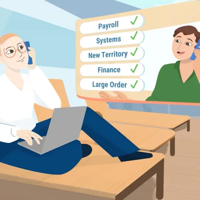 Illustrated colleagues on calls beside a checklist of payroll services