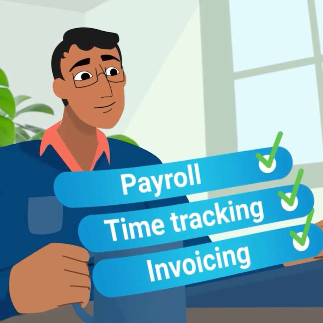 Illustrated man with ticked labels for Payroll, Time tracking and Invoicing