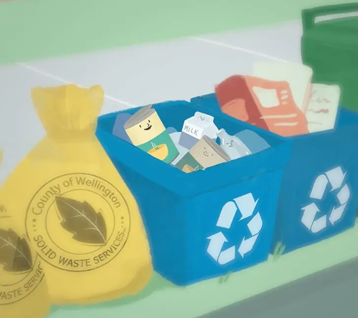Illustrated recycling bin beside County of Wellington waste bags