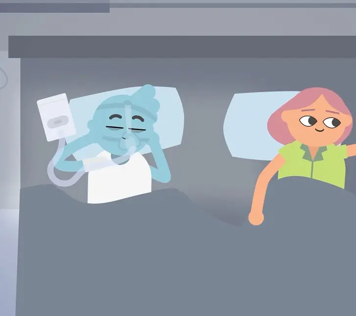 Illustrated man wearing a CPAP mask in bed beside his partner