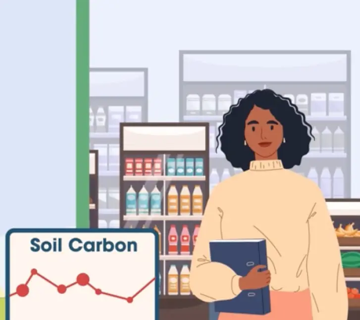 Illustrated shopper holding a book in a grocery aisle beside a Soil Carbon chart
