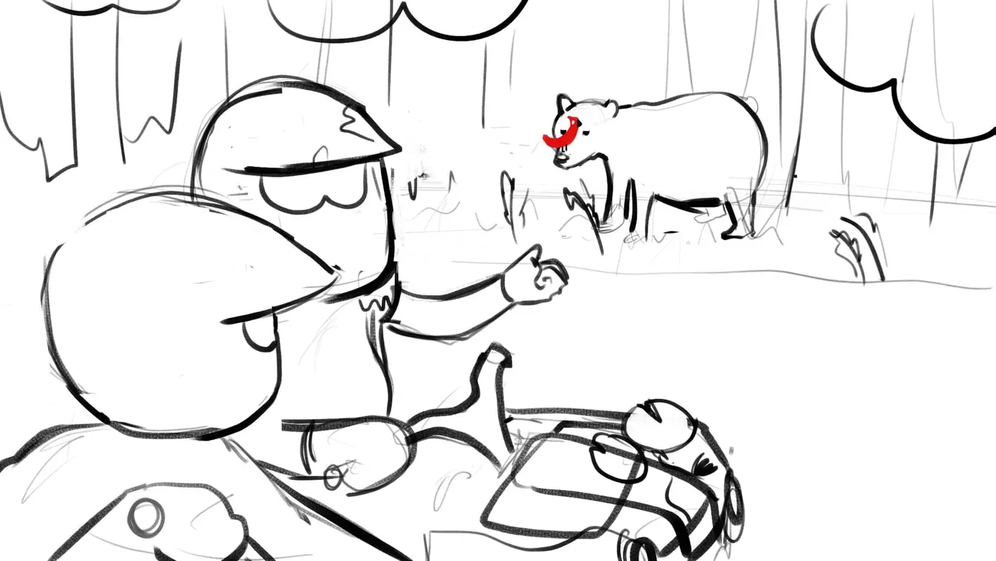 Pencil storyboard of two riders on an ATV with a bear in the woods