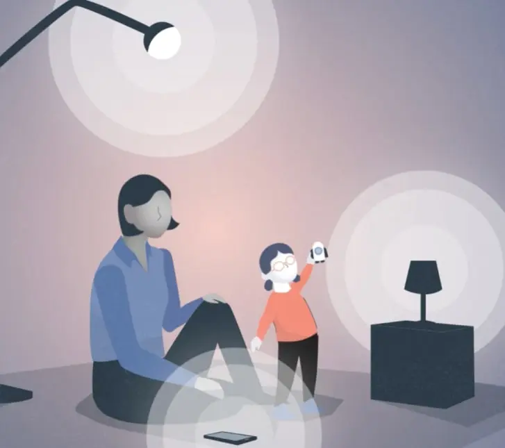 Illustrated parent and child playing in a lamplit room