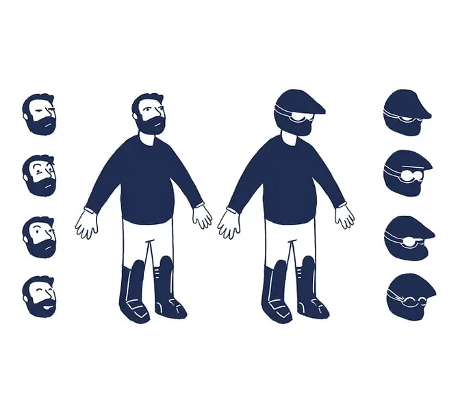Character sheet of a bearded rider with and without a helmet