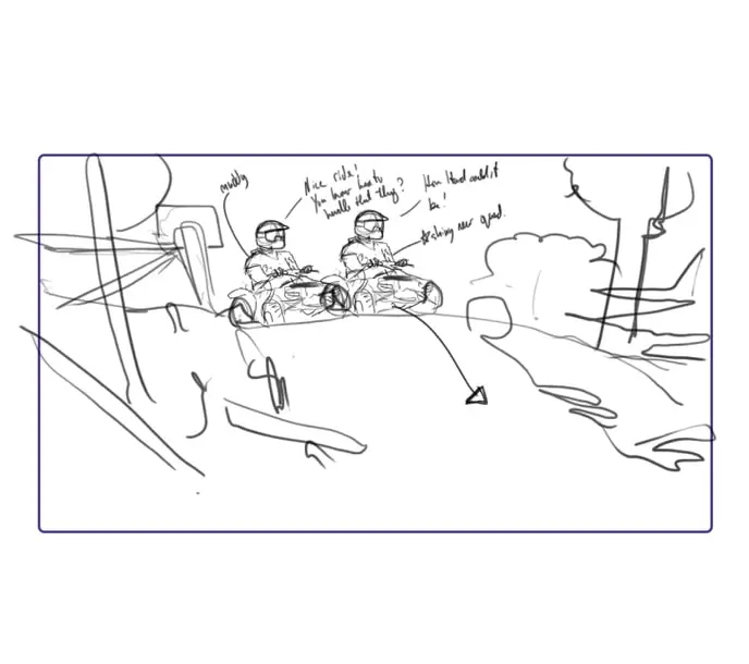 Pencil storyboard of riders on ATVs on a forest trail