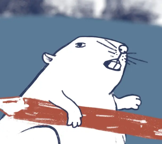 Illustrated beaver clinging to a red log