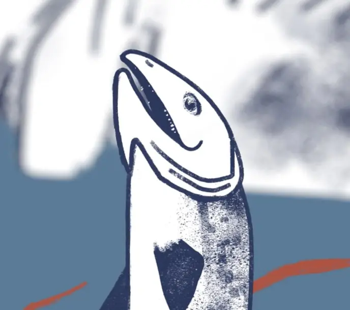 Illustrated fish leaping from blue water