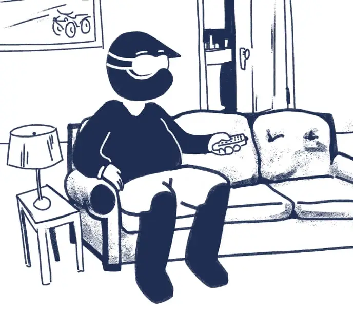Illustrated rider in a helmet on a living-room couch