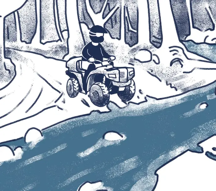 Illustrated rider on an ATV crossing a forest stream