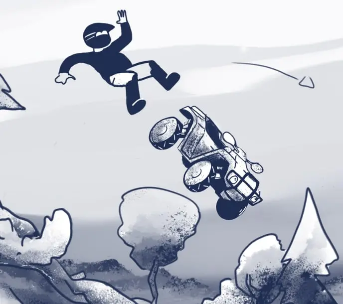 Illustrated rider thrown from an ATV