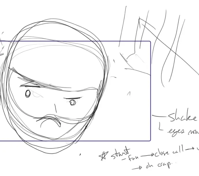 Pencil sketch of a frowning rider with storyboard notes
