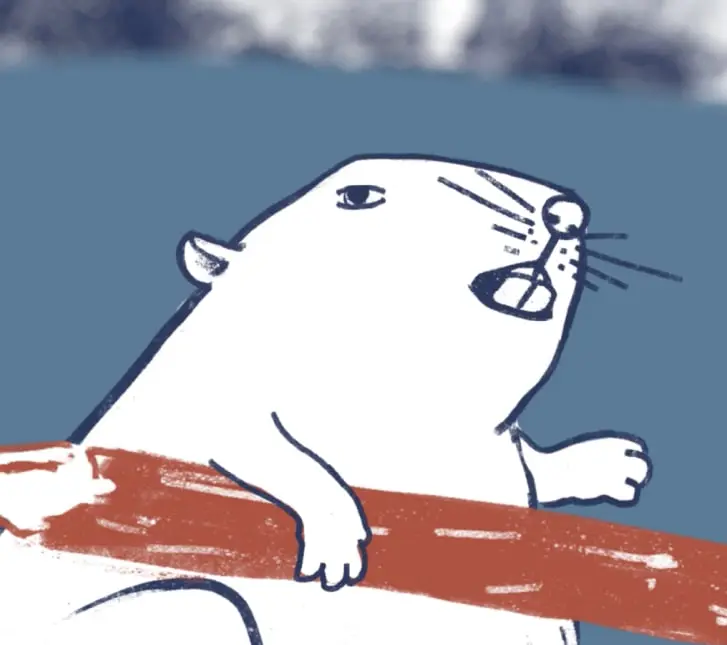 Illustrated beaver clinging to a red log
