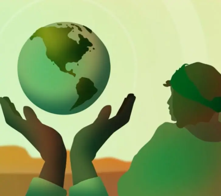 Illustrated hands holding up a green globe