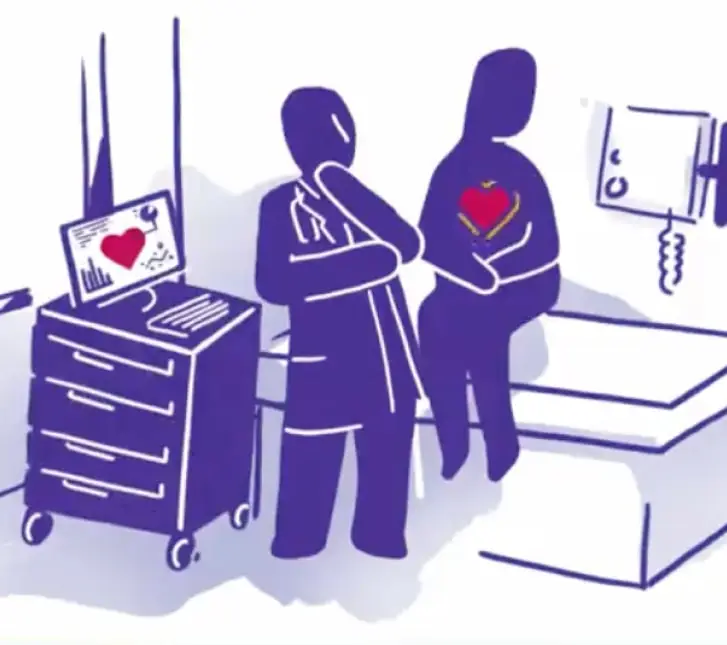 Purple drawing of hospital staff with red hearts beside a medical cart