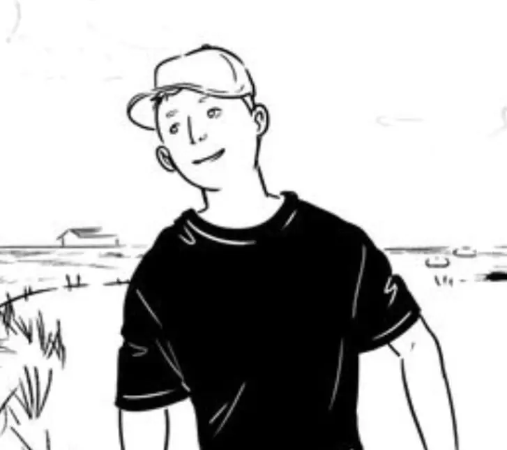 Black-and-white drawing of a farmer in a cap in a field