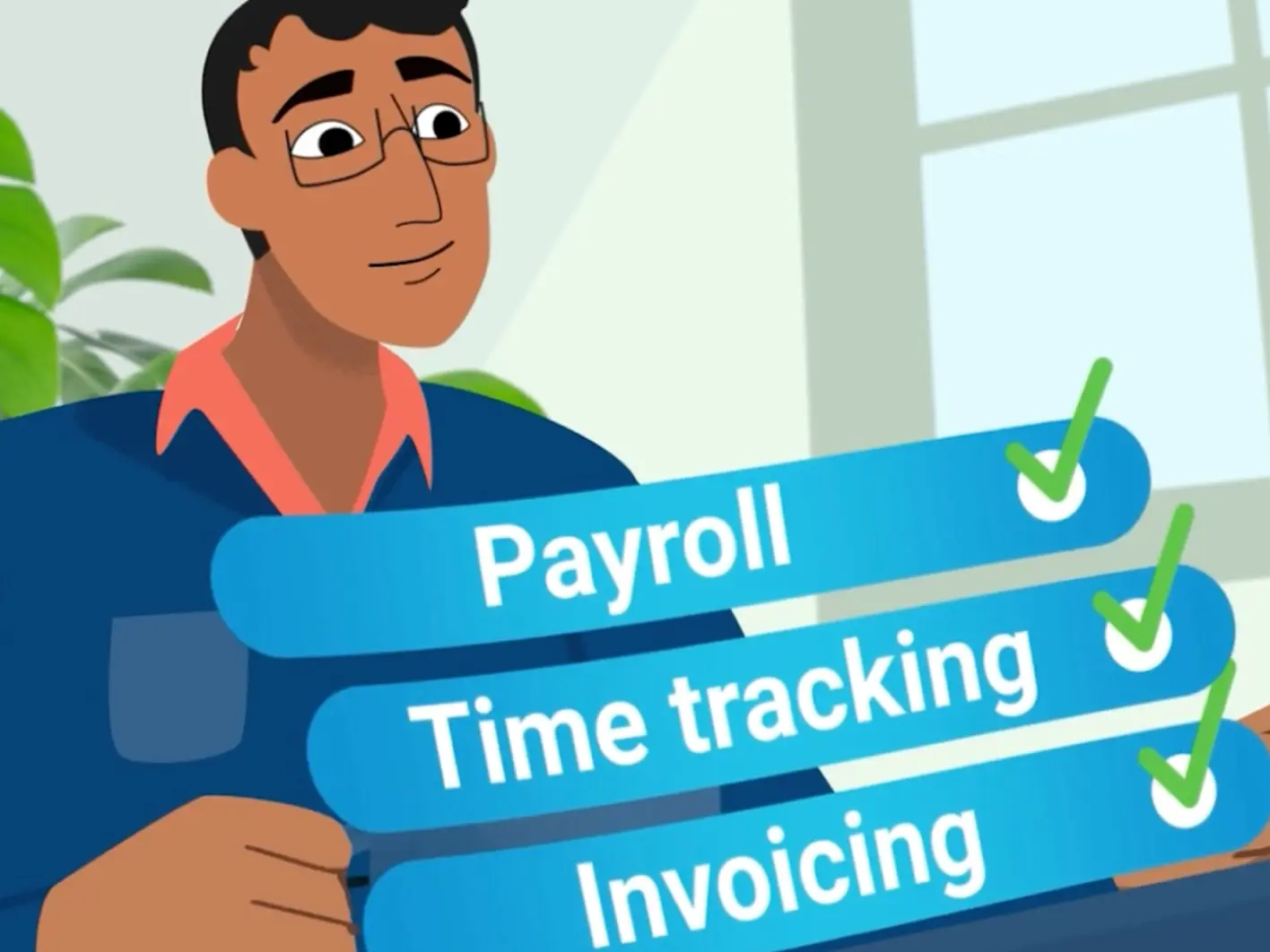 Illustrated man with ticked labels for Payroll, Time tracking and Invoicing