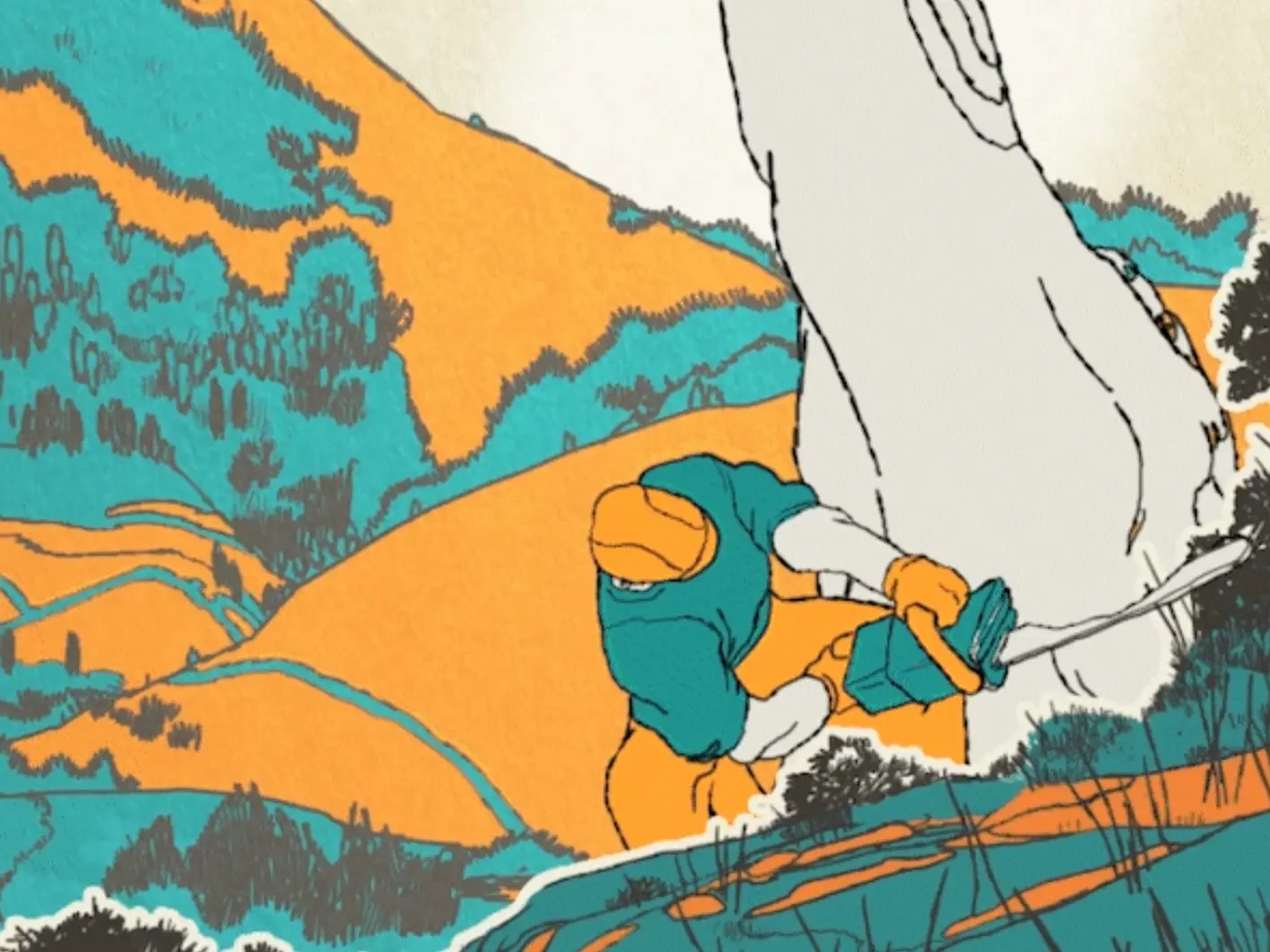 Illustrated hiker in a teal jacket on an orange hillside
