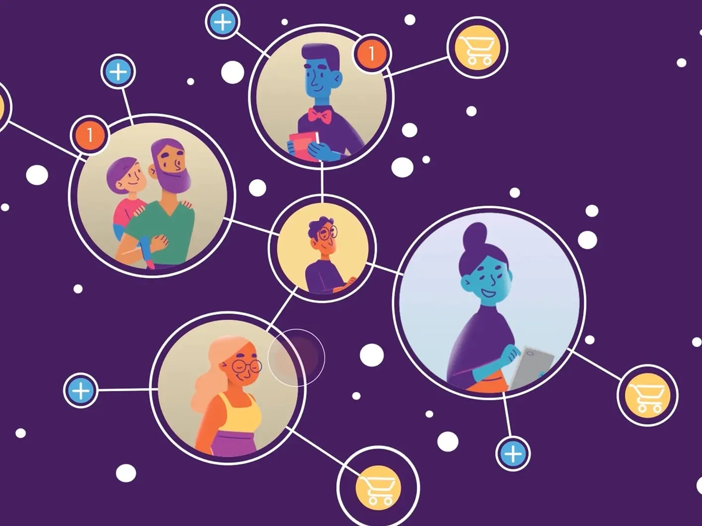 Illustrated network of connected people on a purple background