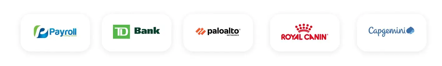 Logos of Payroll Funding Canada, TD Bank, Palo Alto Networks, Royal Canin and Capgemini