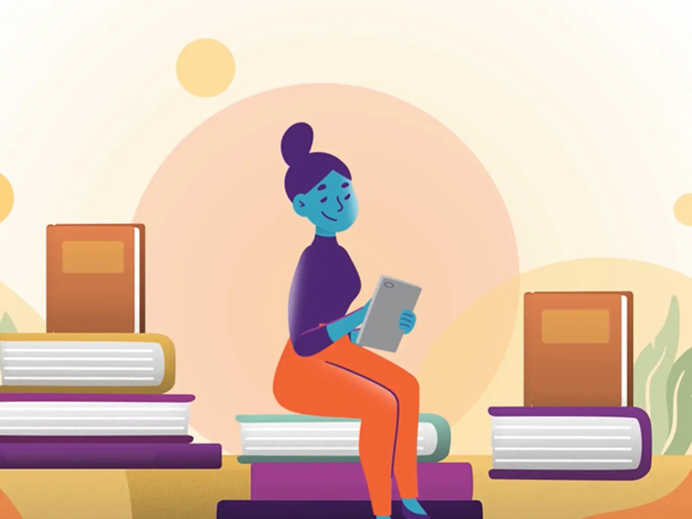 Illustrated woman reading a tablet while sitting on a stack of books