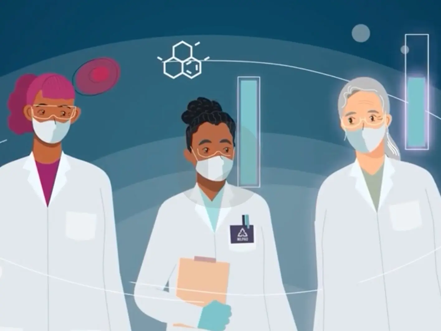 Illustrated scientists in lab coats and masks