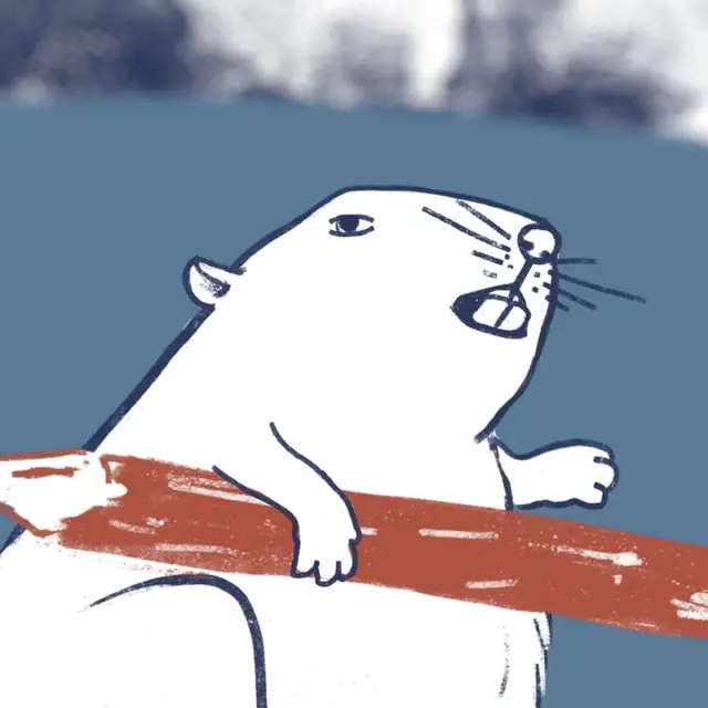 Illustrated beaver clinging to a red log