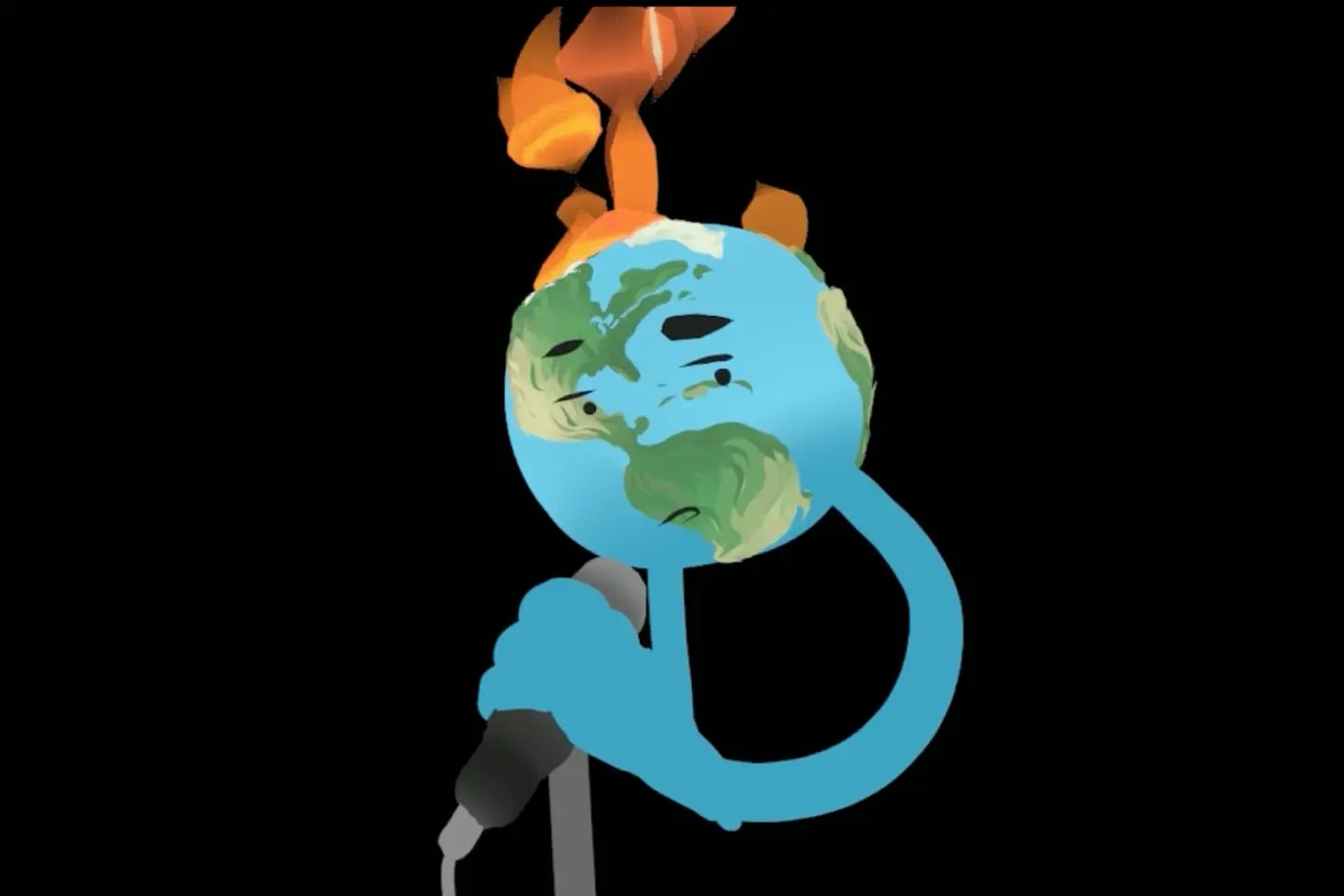 Illustrated burning globe held on a microphone stand