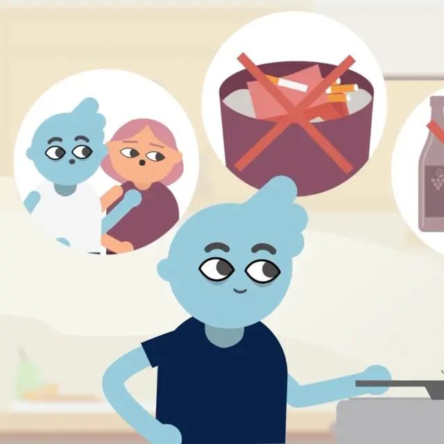 Illustrated character thinking about family and crossed-out snacks