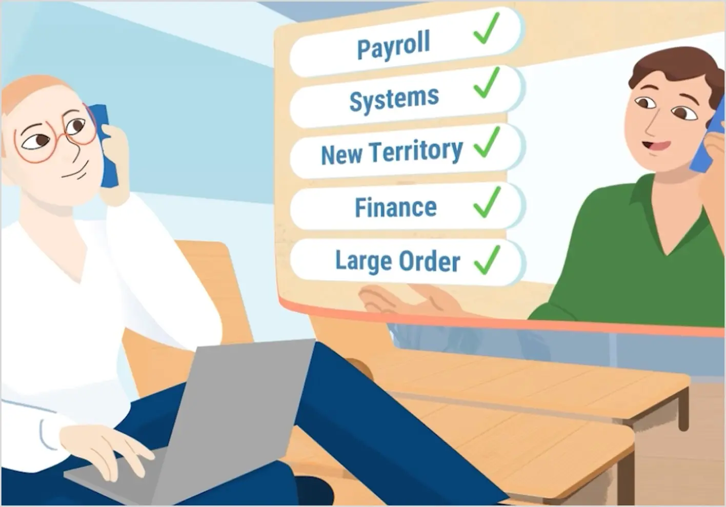 Illustrated colleagues on calls beside a checklist of payroll services