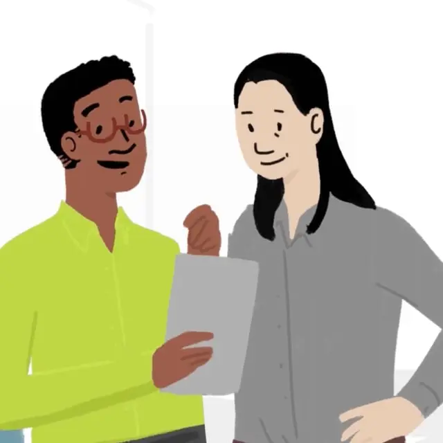 Illustrated pair of colleagues reviewing a document
