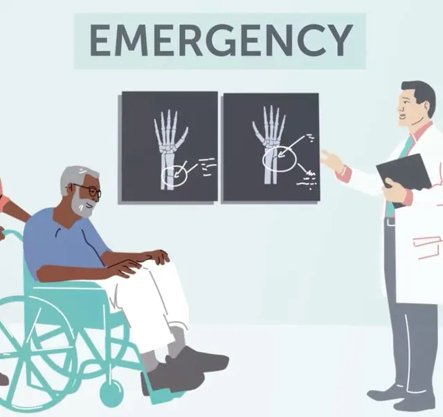 Illustrated doctor showing X-rays to a man in a wheelchair under an Emergency sign