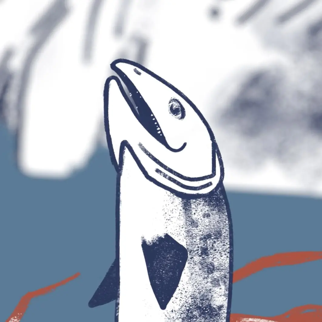 Illustrated fish leaping from blue water