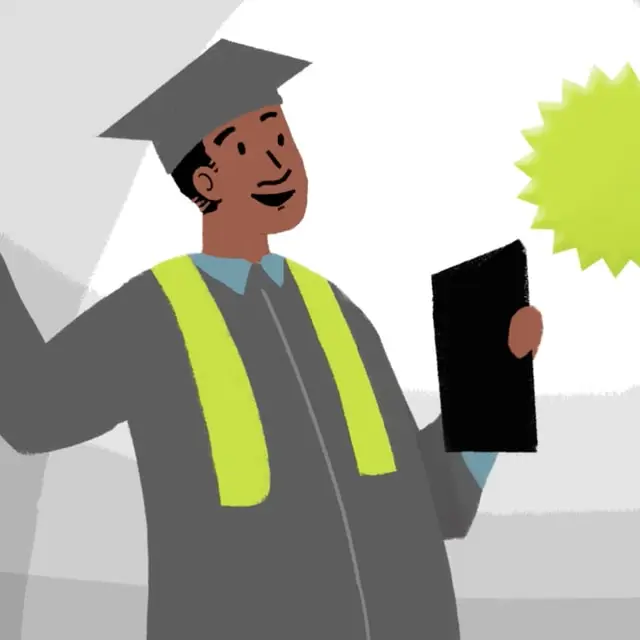 Illustrated graduate in cap and gown holding a tablet