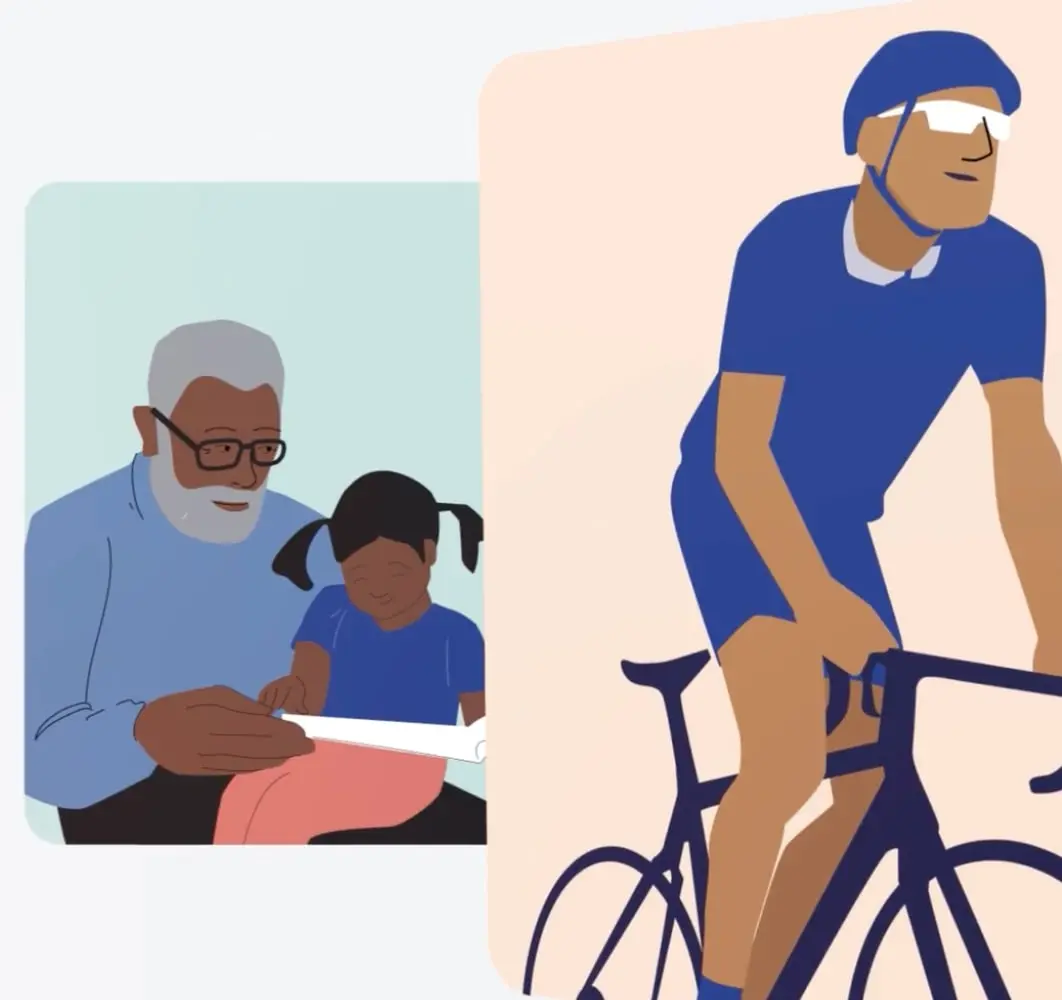 Illustrated grandfather reading with a child beside a cyclist