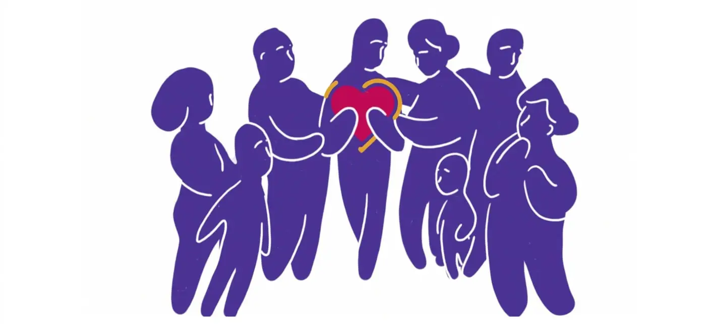 Illustrated group of people holding a heart together