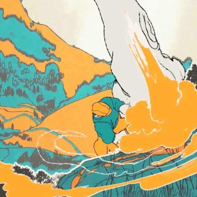 Illustrated hiker in a teal jacket on an orange hillside