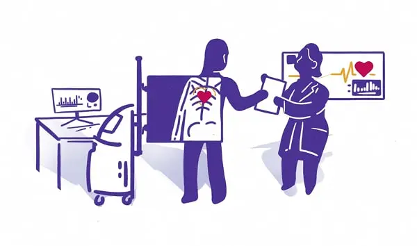 Purple drawing of hospital staff reviewing an X-ray of a heart