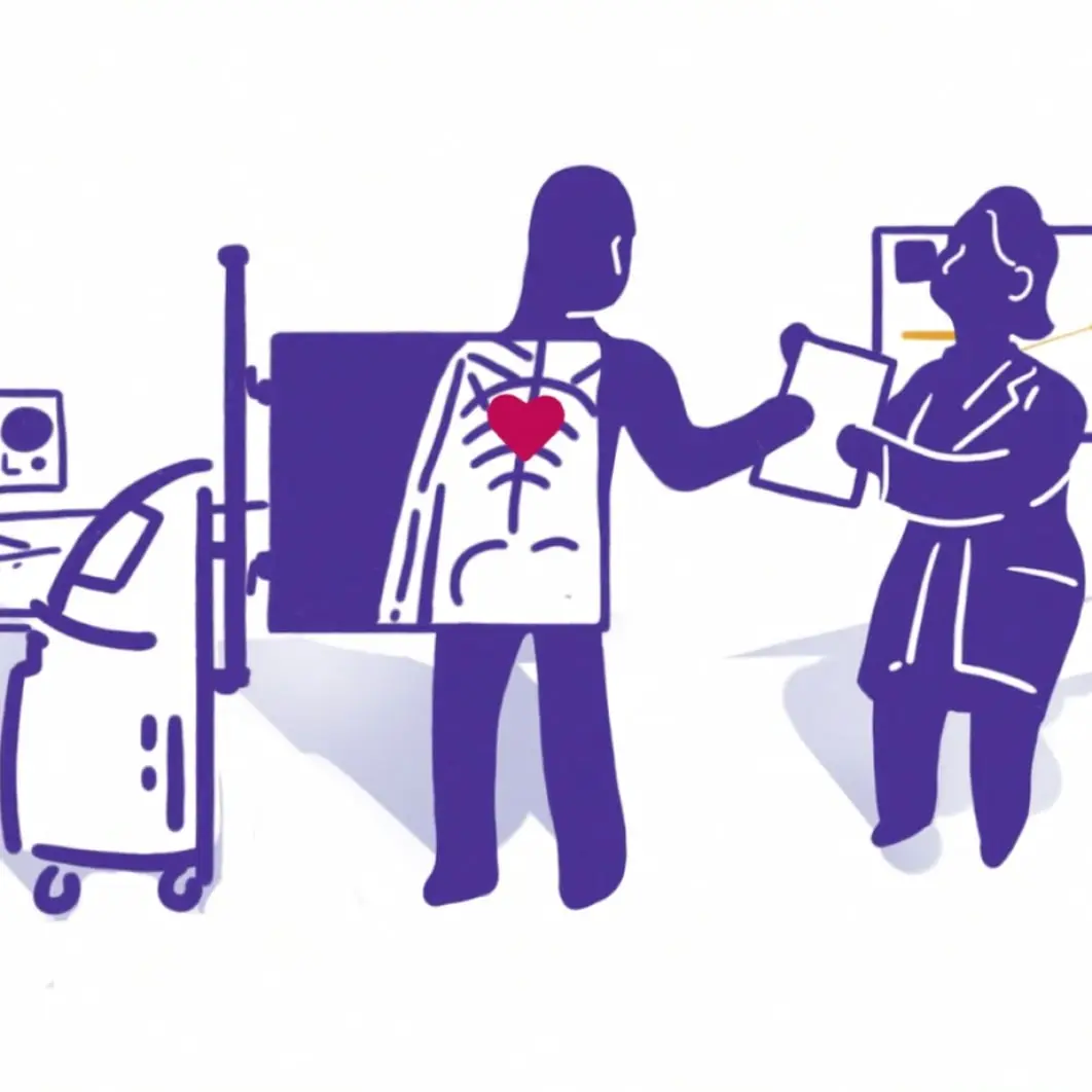 Purple drawing of hospital staff reviewing an X-ray of a heart
