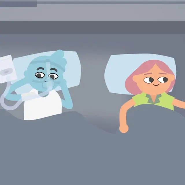 Illustrated man wearing a CPAP mask in bed beside his partner