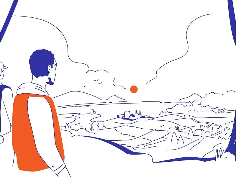 Line drawing of a man in an orange vest looking over a landscape