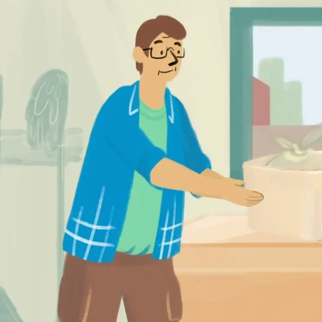 Illustrated man in a plaid shirt carrying a box