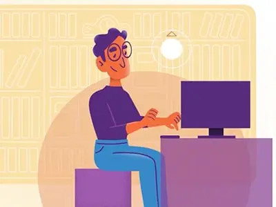Illustrated man working at a computer