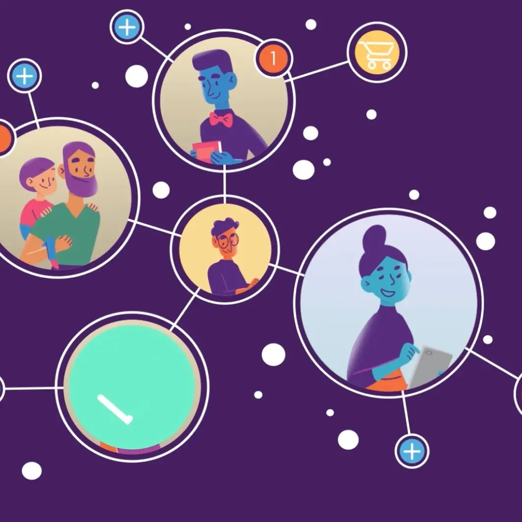 Illustrated network of connected people on a purple background