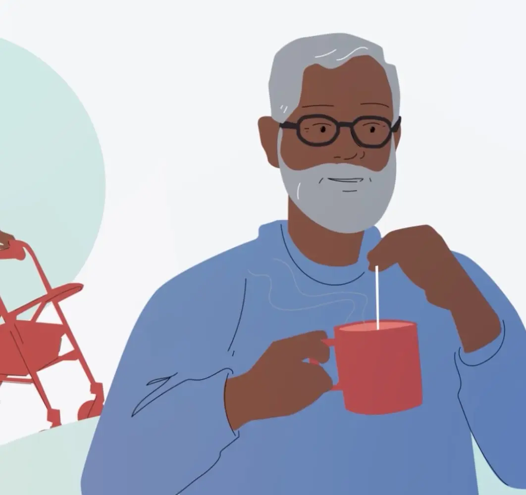 Illustrated older man holding a mug