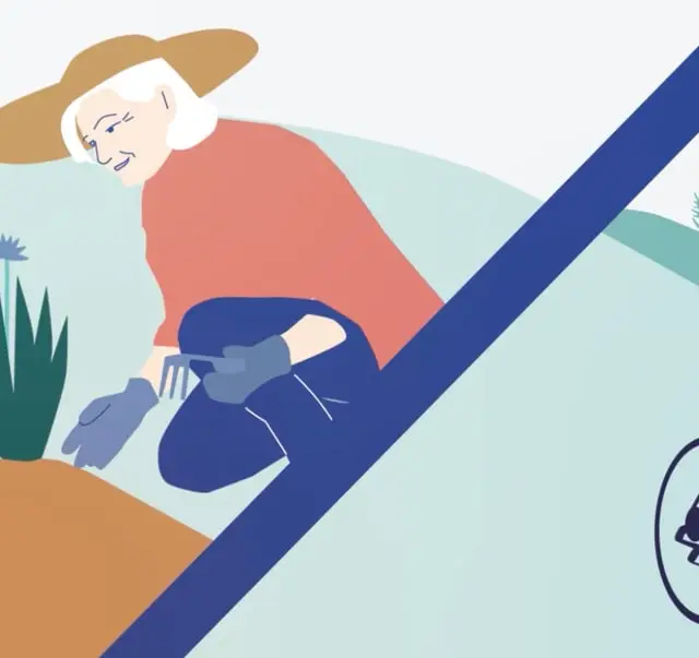 Illustrated older woman in a sun hat gardening