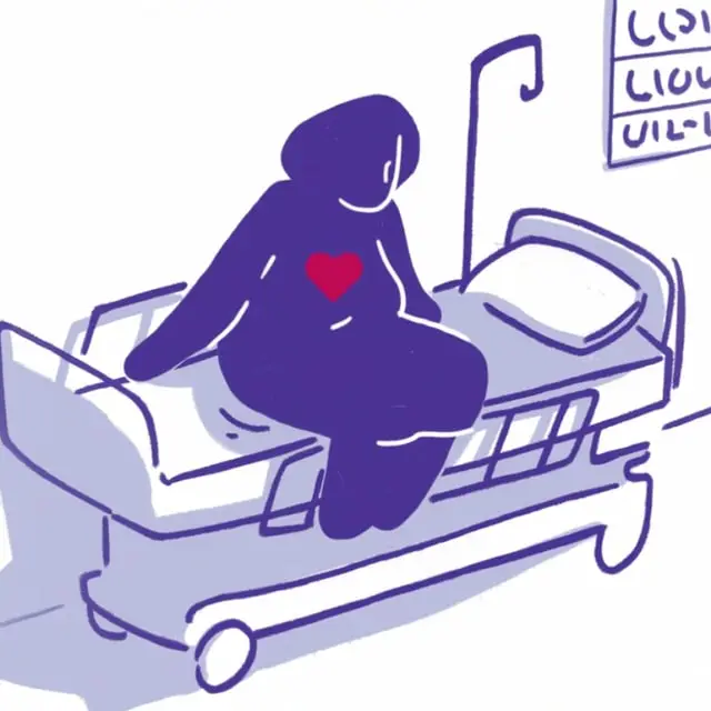 Purple drawing of a patient sitting on a hospital bed with a red heart